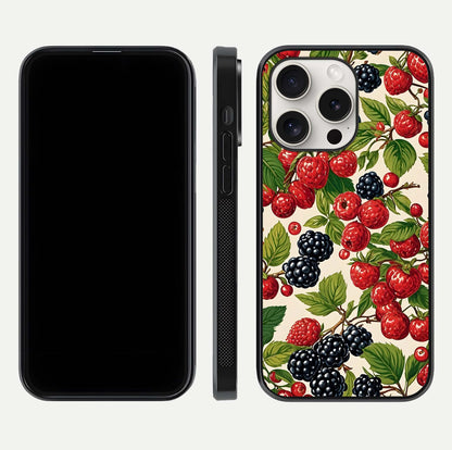 Mixed Berry Collage Glass Case for iPhone 15 Pro Max front & back layout highlighting colorful art and curved edges
