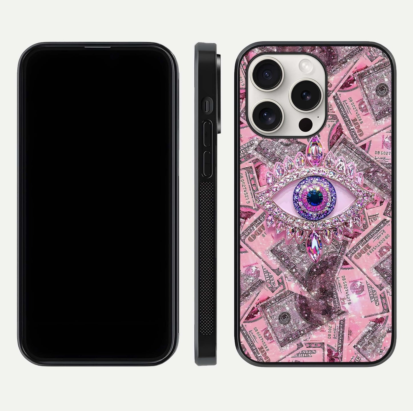 Money Eye Luxe Glass Case for iPhone 15 Pro Max front & back layout highlighting luxury edge design and bold art