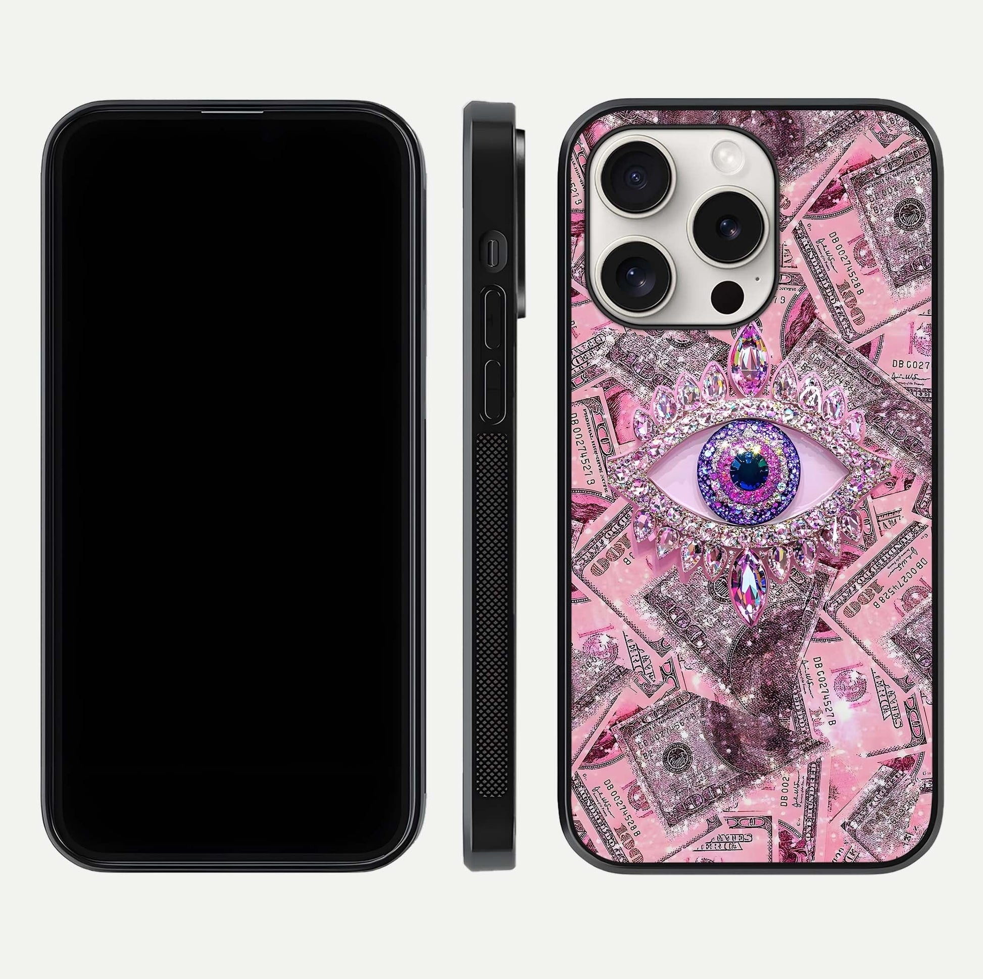 Money Eye Luxe Glass Case for iPhone 15 Pro Max front & back layout highlighting luxury edge design and bold art