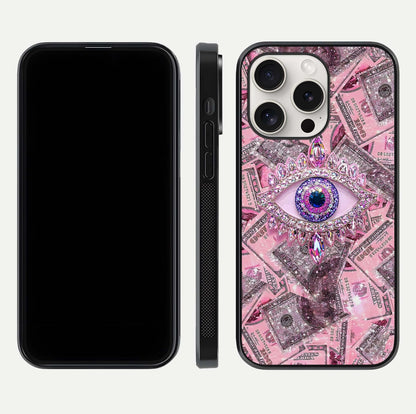 Money Eye Luxe Glass Case for iPhone 15 Pro Max front & back layout highlighting luxury edge design and bold art
