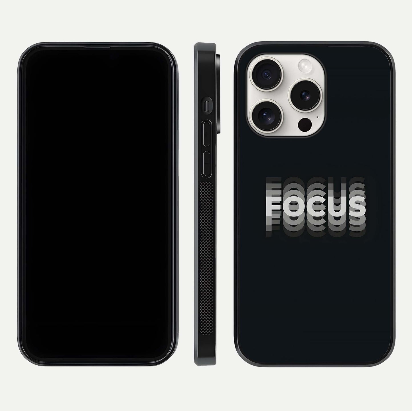 Mono Focus Vision Glass Case for iPhone 15 Pro Max front & back layout showing clean focus lines and curved edges
