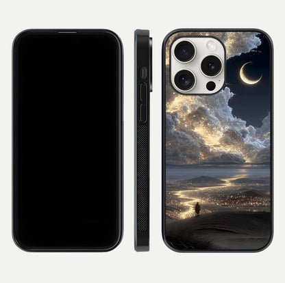 Moonlight Spark Path Glass Case for iPhone 15 Pro Max front & back layout highlighting calm tones and sleek edges