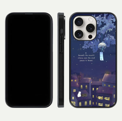 Moonlit Cat Silence Glass Case for iPhone 15 Pro Max front & back layout highlighting calm tones and edge detail