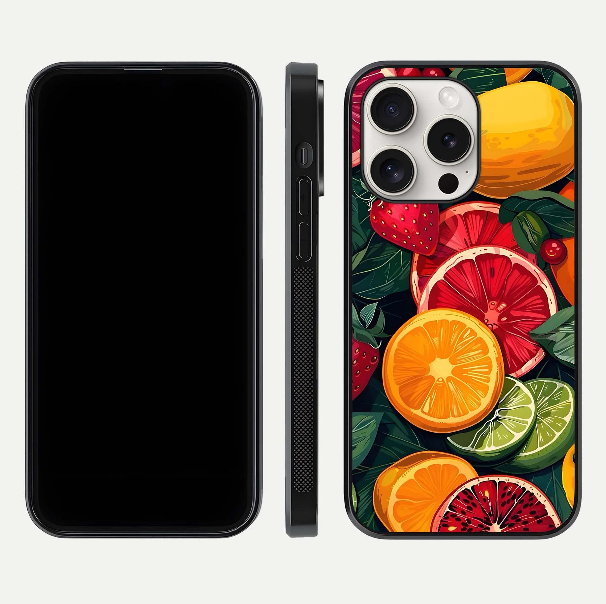 Multiple Fruits Glass Case for iPhone 15 Pro Max front & back layout highlighting vibrant tones and curved edges