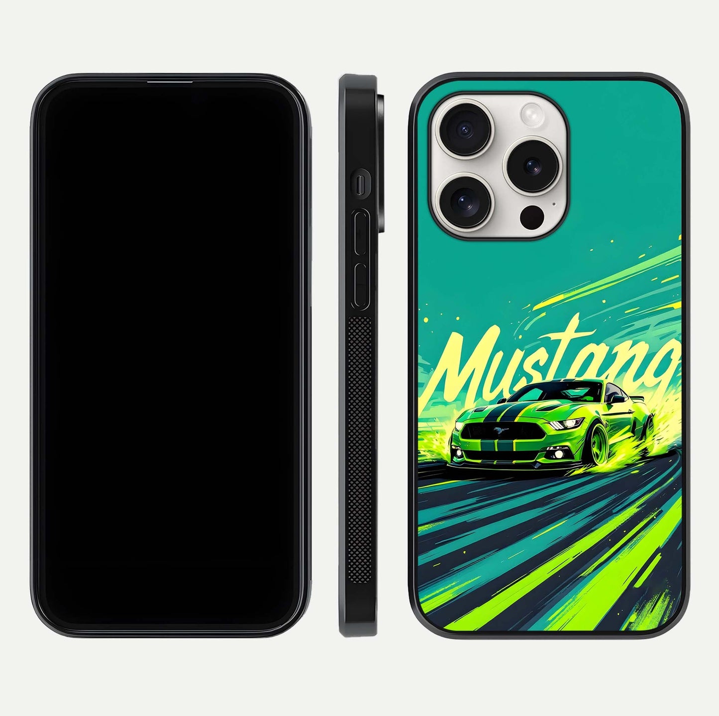 Mustang Bang Glass Case for iPhone 15 Pro Max front & back layout highlighting dark automotive tones and edge detail