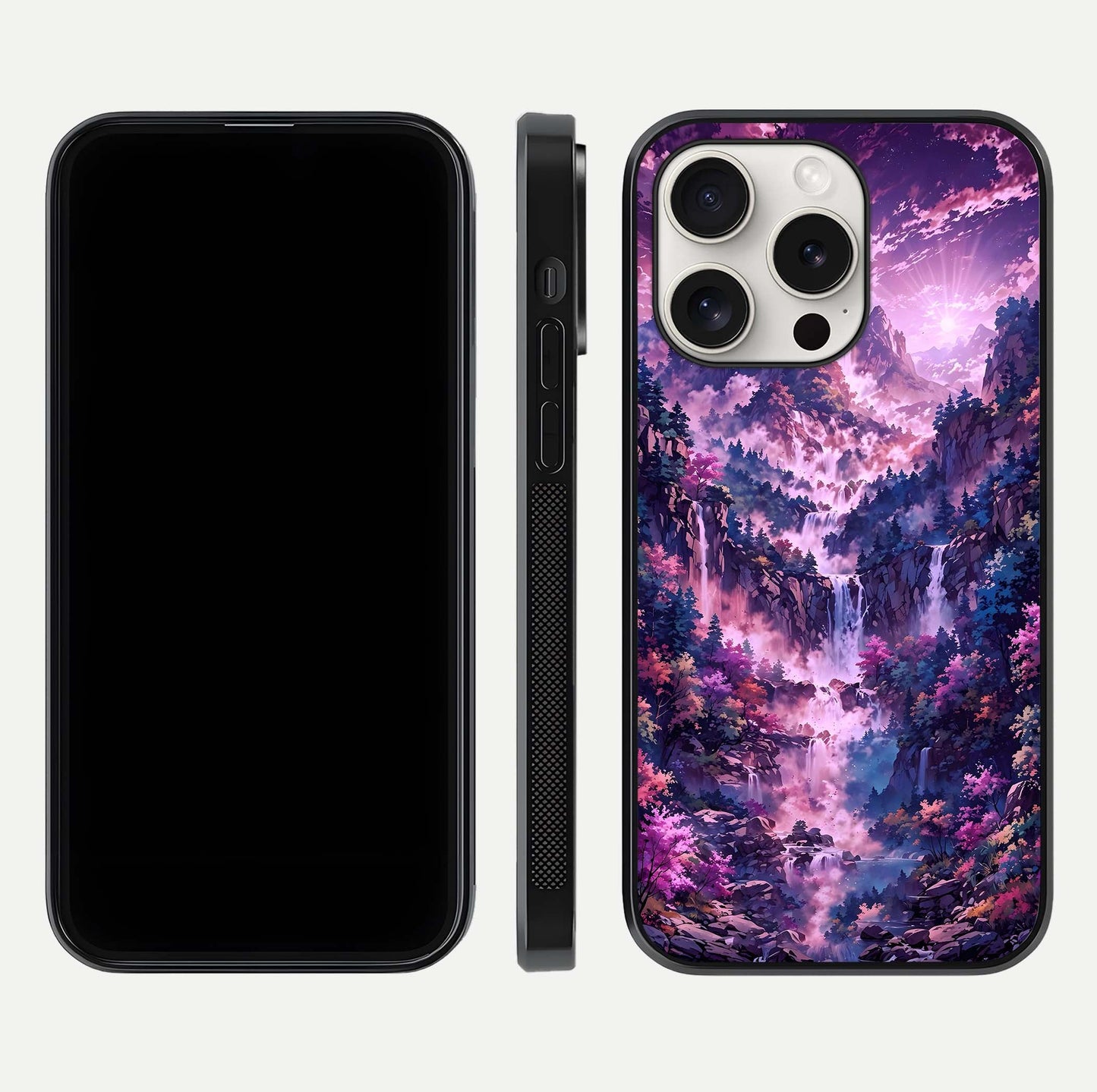 Mystic Cascade Peaks Glass Case for iPhone 15 Pro Max front & back layout highlighting HD landscape tones