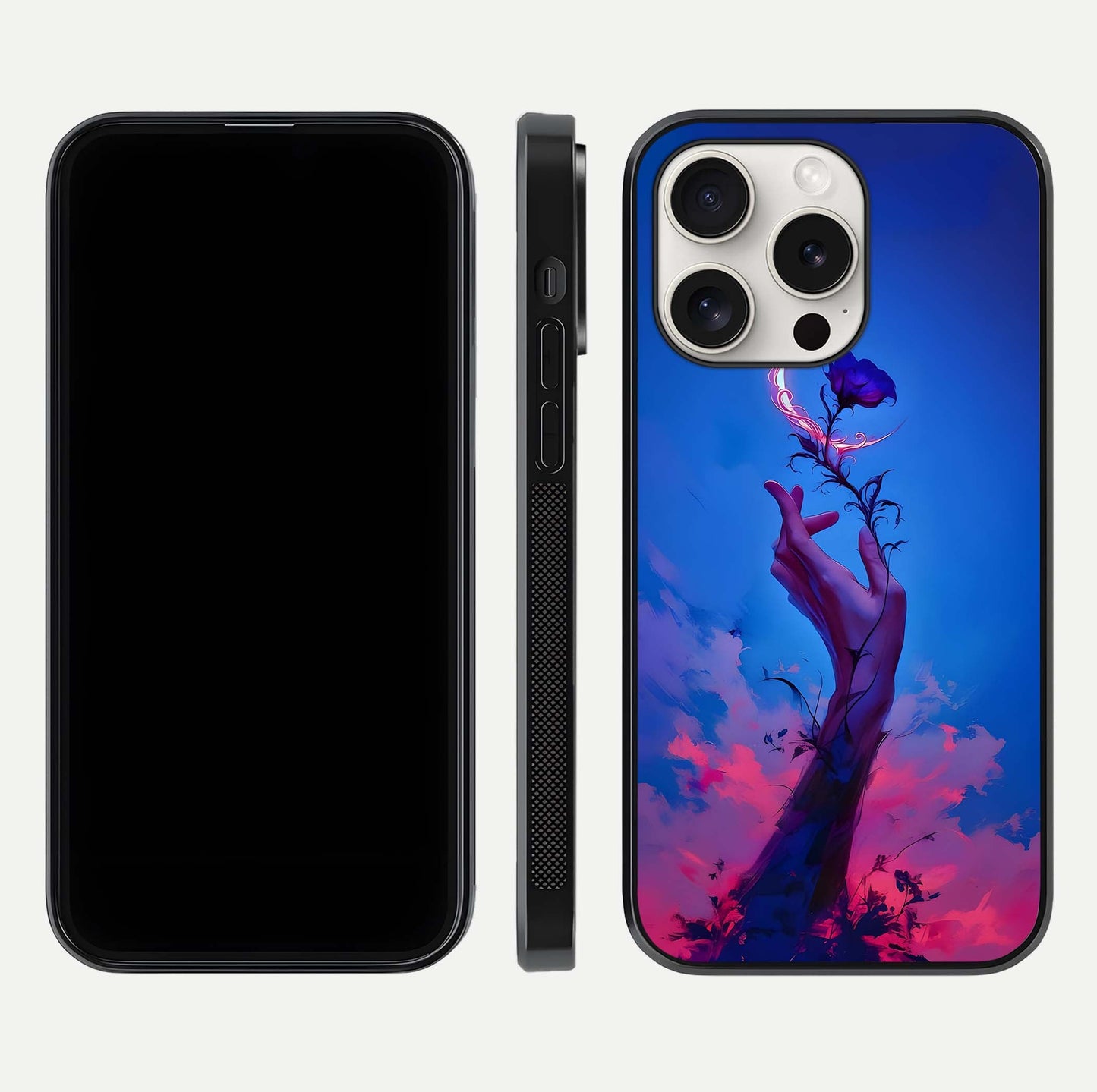 Mystic Hand Glass Case for iPhone 15 Pro Max front & back layout highlighting mystic design and smooth edges