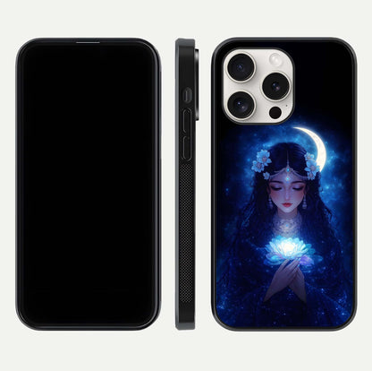 Mystic Moon Queen Glass Case for iPhone 15 Pro Max front & back layout highlighting divine illustration and edges