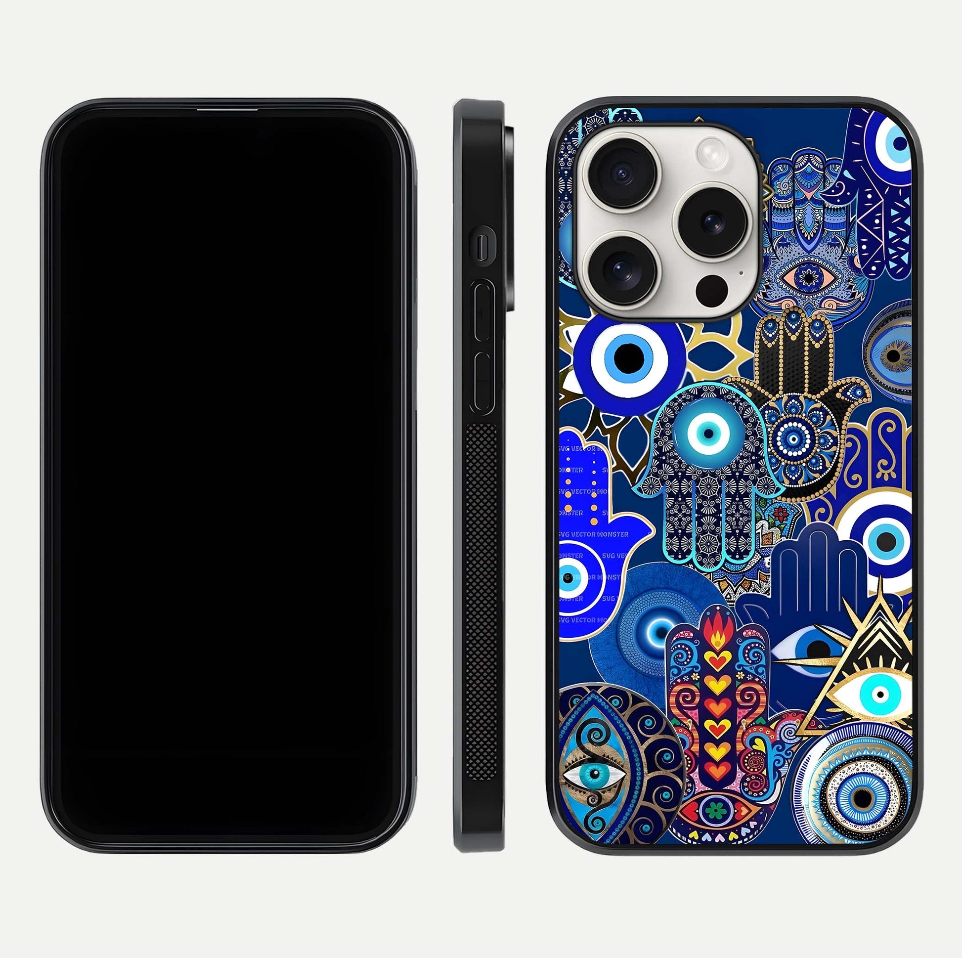 Mystic Palm Guard Glass Case for iPhone 15 Pro Max front & back layout highlighting spiritual art and edge finish