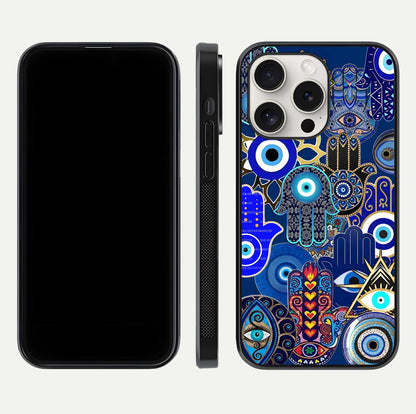 Mystic Palm Guard Glass Case for iPhone 15 Pro Max front & back layout highlighting spiritual art and edge finish