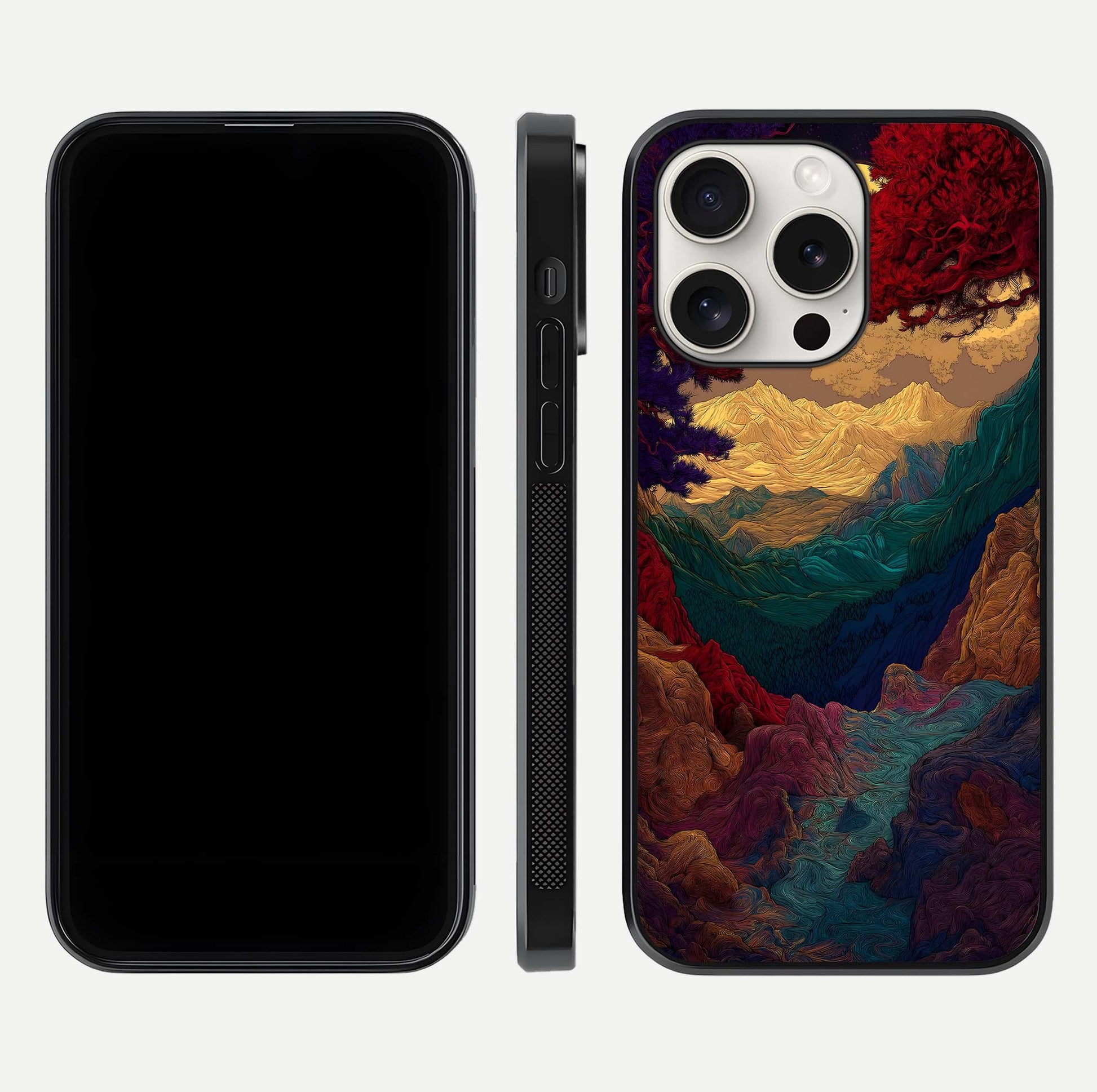 Mystic Valley Light Glass Case for iPhone 15 Pro Max front & back layout displaying landscape tones and edges