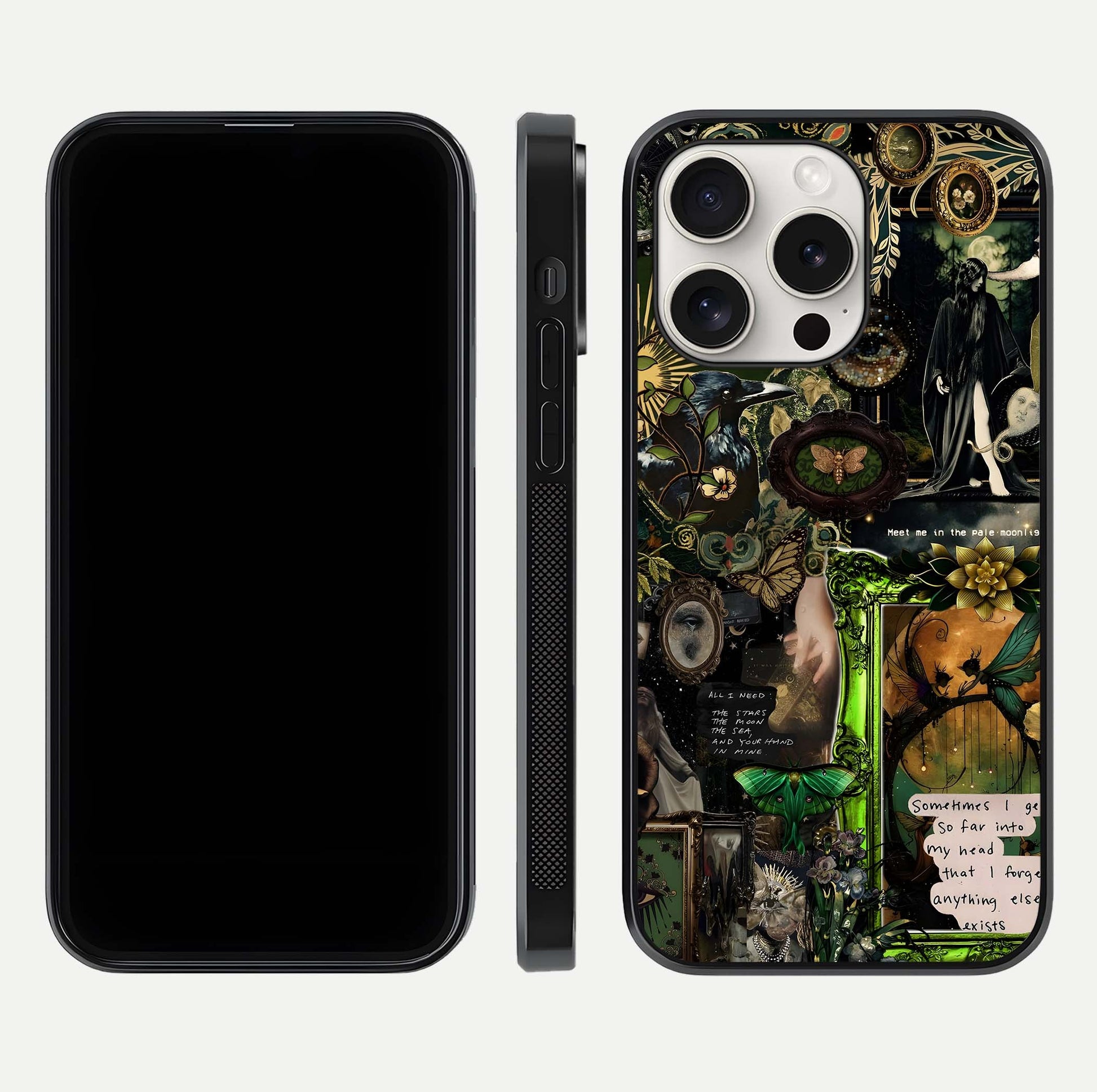 Mystic Woods Secret Glass Case for iPhone 15 Pro Max front & back layout showing nature theme and smooth edges