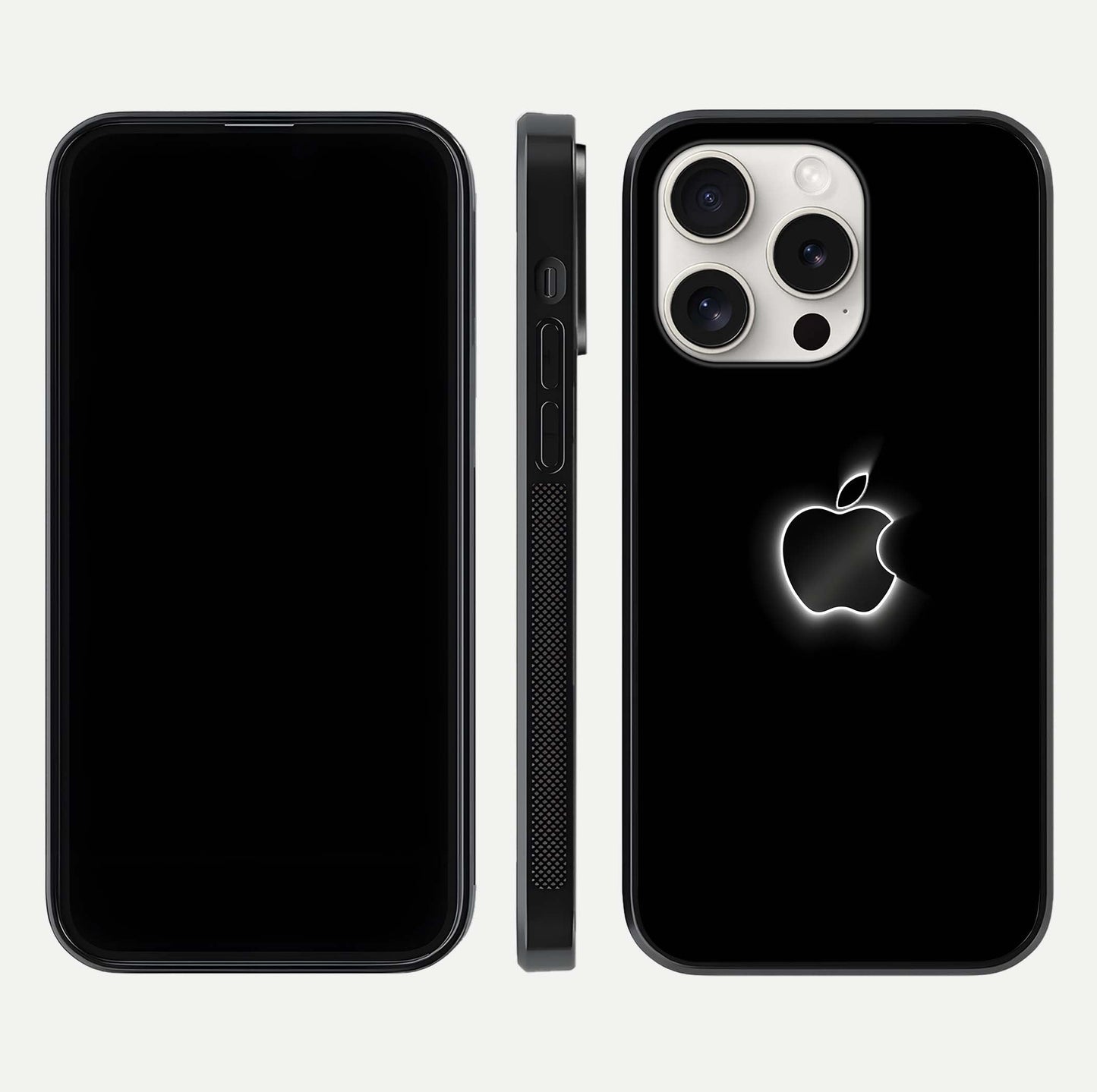 Neon Apple Glow Glass Case for iPhone 15 Pro Max front & back layout showing bright tones and edge curve