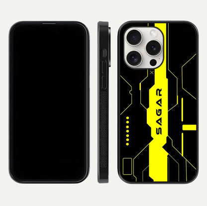 Neon CYBERPUNK Custom Name Glass Case for iPhone 15 Pro Max front & back layout showing tech art and custom edge