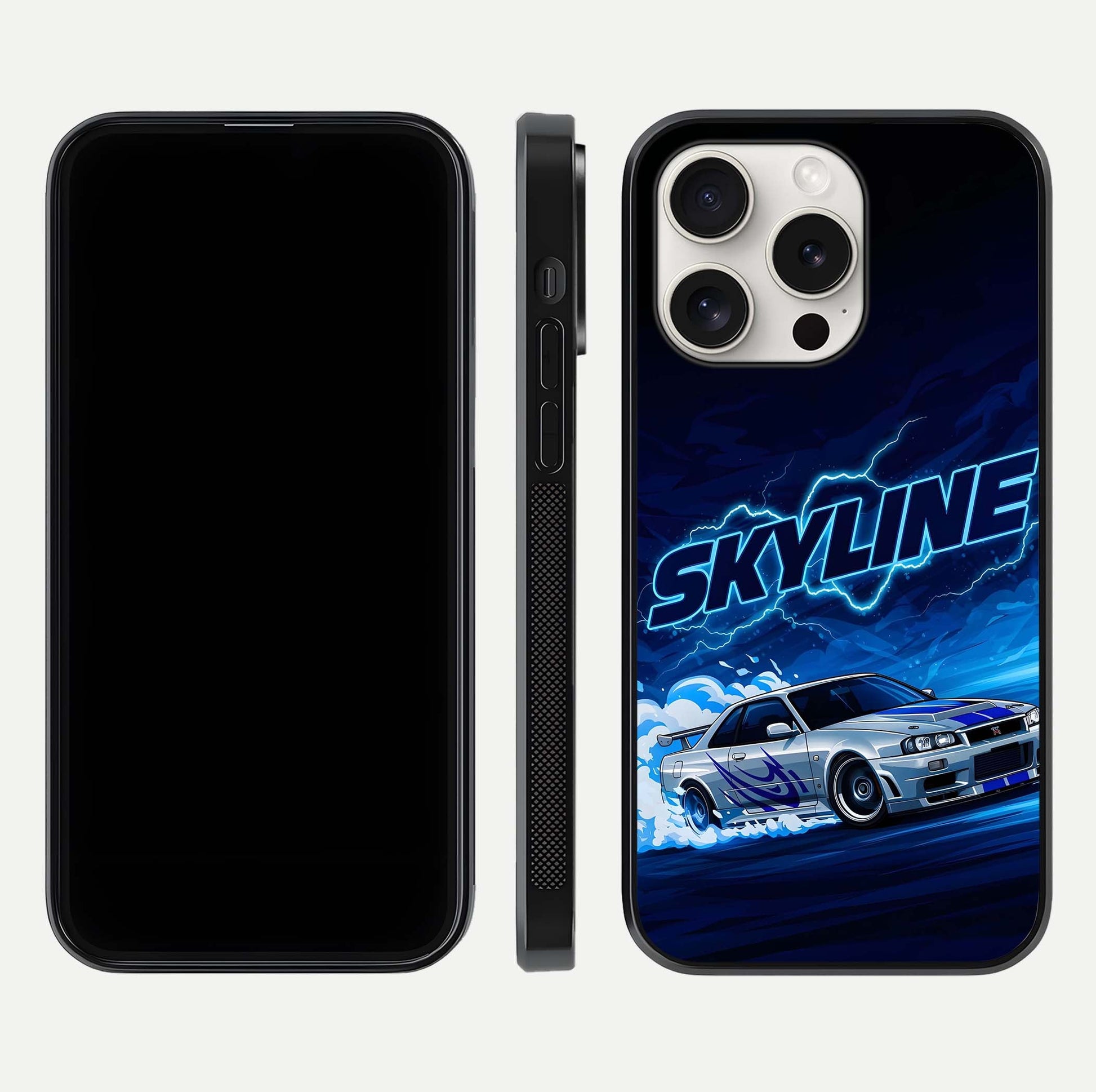 Neon Drift Beast Glass Case for iPhone 15 Pro Max front & back layout showing car silhouette and edge design