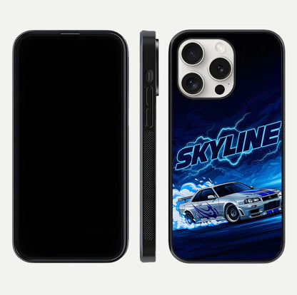 Neon Drift Beast Glass Case for iPhone 15 Pro Max front & back layout showing car silhouette and edge design