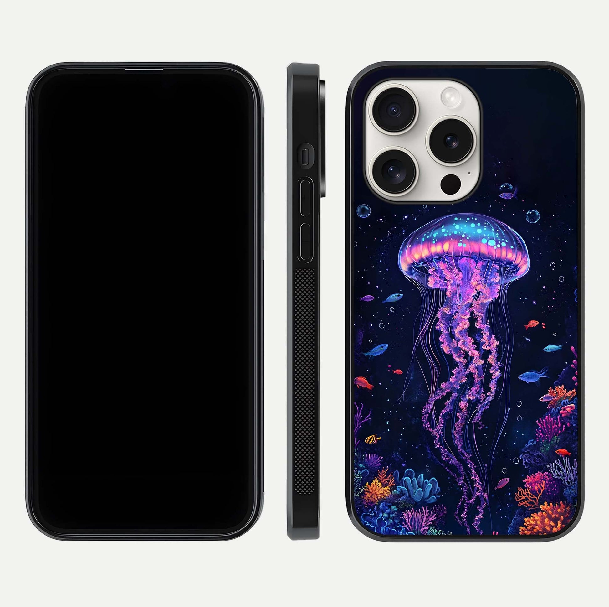 Neon Jellyfish Glass Case for iPhone 15 Pro Max front & back layout highlighting HD marine art and curved edges