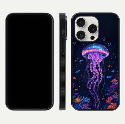 Neon Jellyfish Glass Case for iPhone 15 Pro Max front & back layout highlighting HD marine art and curved edges