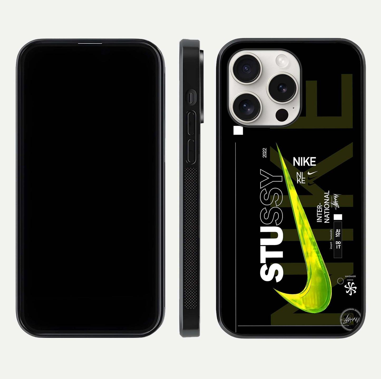 Neon Street Edition Glass Case for iPhone 15 Pro Max front & back layout highlighting street art vibe and edges