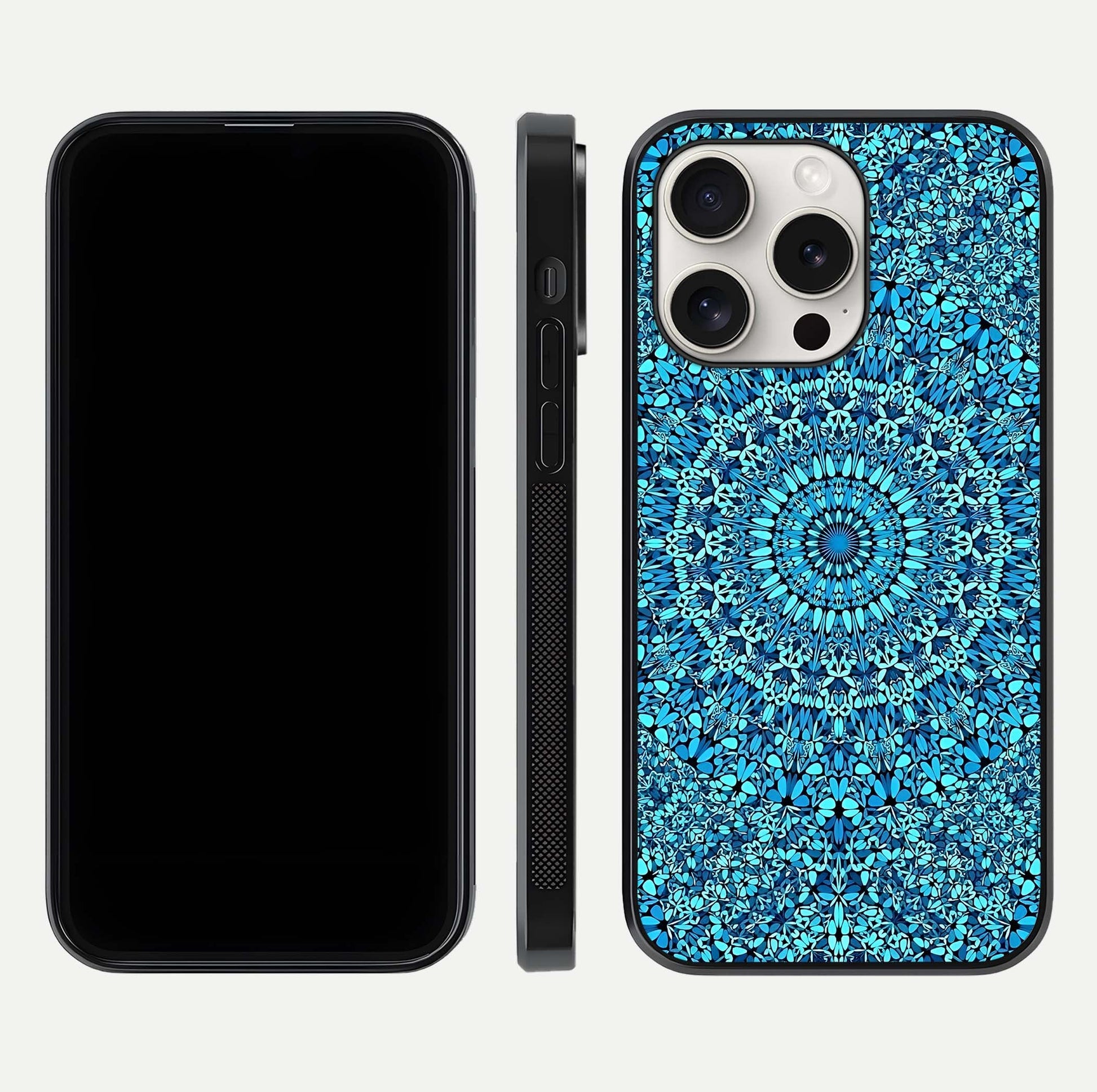 Ocean Bloom Mandala Glass Case for iPhone 15 Pro Max front & back layout showing ocean tone design and edges