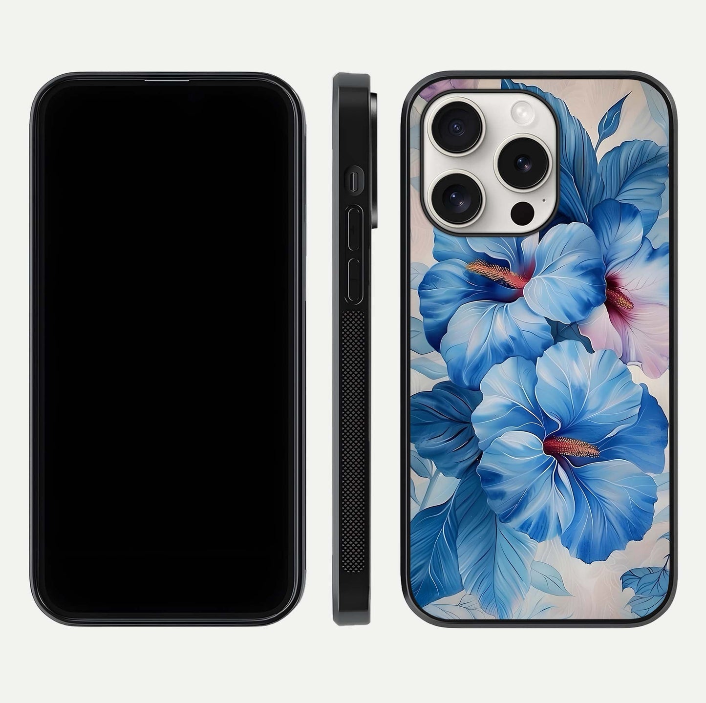 Ocean Hibiscus Grace Glass Case for iPhone 15 Pro Max front & back layout showing vibrant oceanic tones and curves