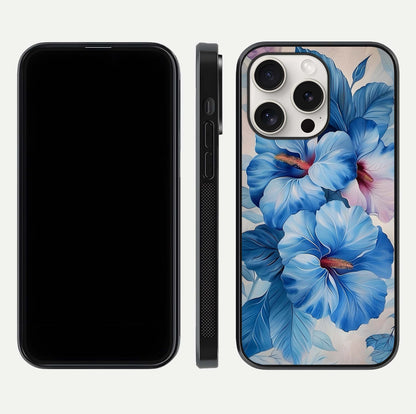 Ocean Hibiscus Grace Glass Case for iPhone 15 Pro Max front & back layout showing vibrant oceanic tones and curves