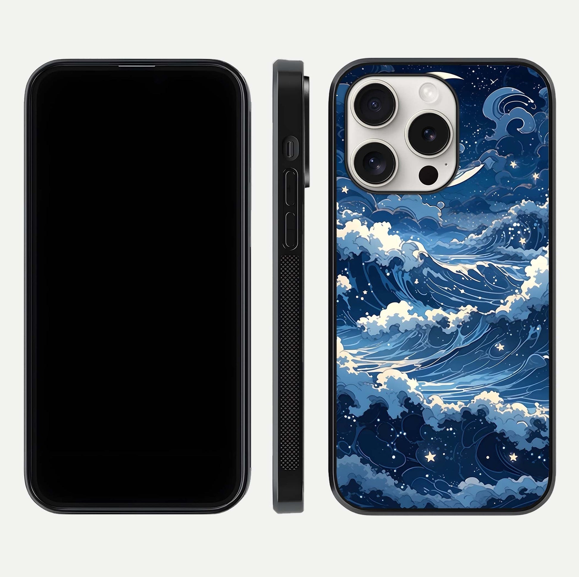 Ocean Moon Waves Glass Case for iPhone 15 Pro Max front & back layout highlighting water flow and smooth edges
