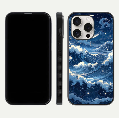 Ocean Moon Waves Glass Case for iPhone 15 Pro Max front & back layout highlighting water flow and smooth edges