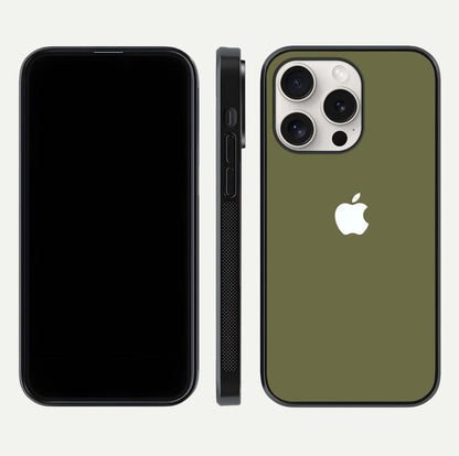Olive Matte Essence Glass Case for iPhone 15 Pro Max front & back layout highlighting simple design and clean edges