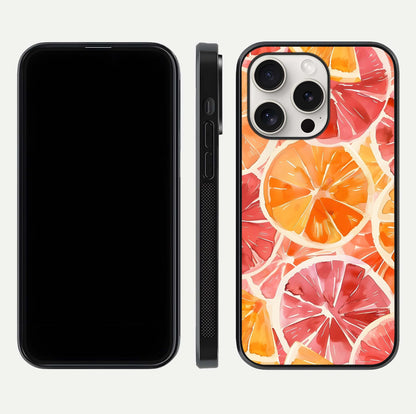 Orange Fruits Pattern Glass Case for iPhone 15 Pro Max front & back layout highlighting bright colors and clean edges