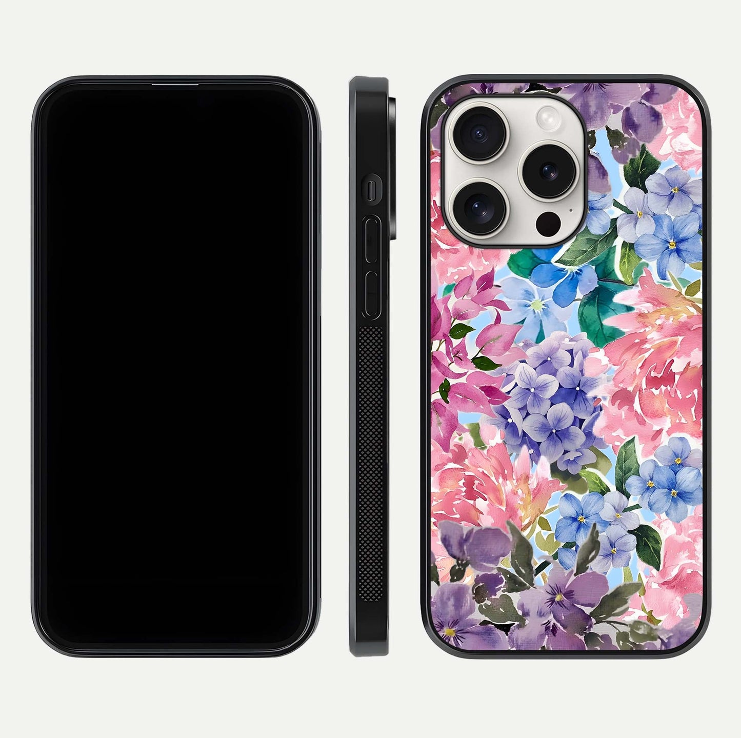 Pastel Floral Mix Glass Case for iPhone 15 Pro Max front & back layout showing gentle tones and elegant edges