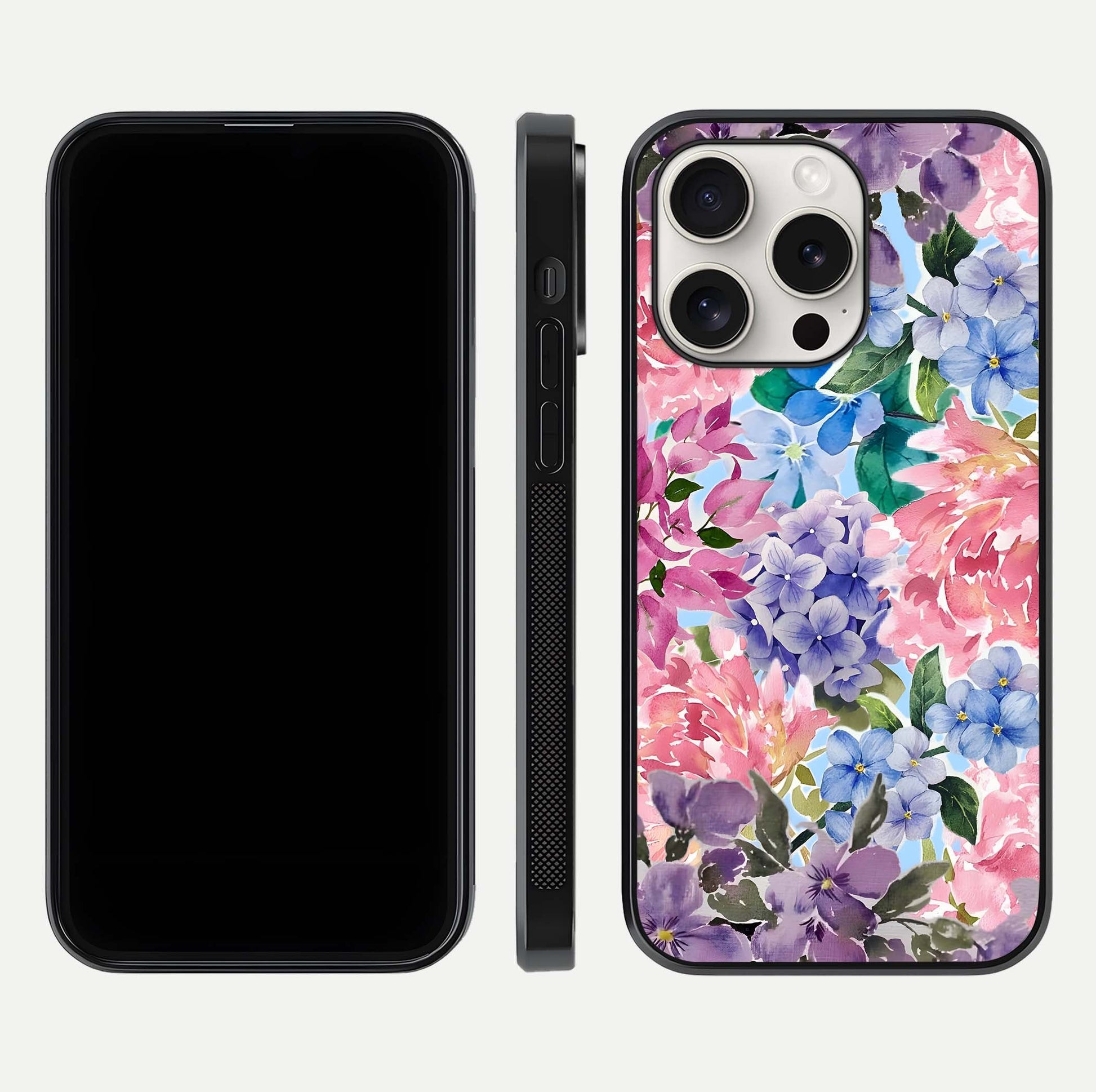 Pastel Floral Mix Glass Case for iPhone 15 Pro Max front & back layout showing gentle tones and elegant edges