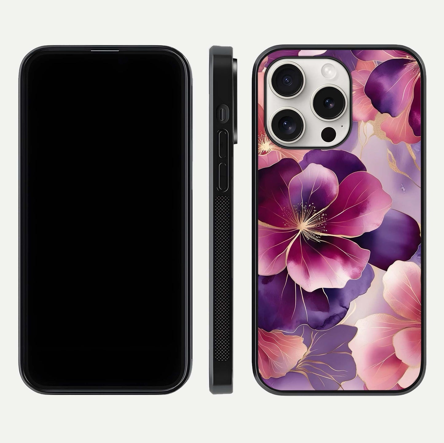 Pink Bouquet Florals Glass Case for iPhone 15 Pro Max front & back layout highlighting vivid petals and smooth edges