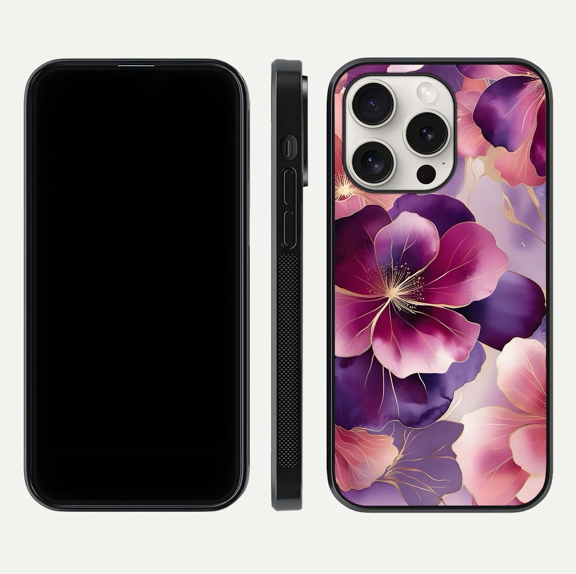 Pink Bouquet Florals Glass Case for iPhone 15 Pro Max front & back layout highlighting vivid petals and smooth edges