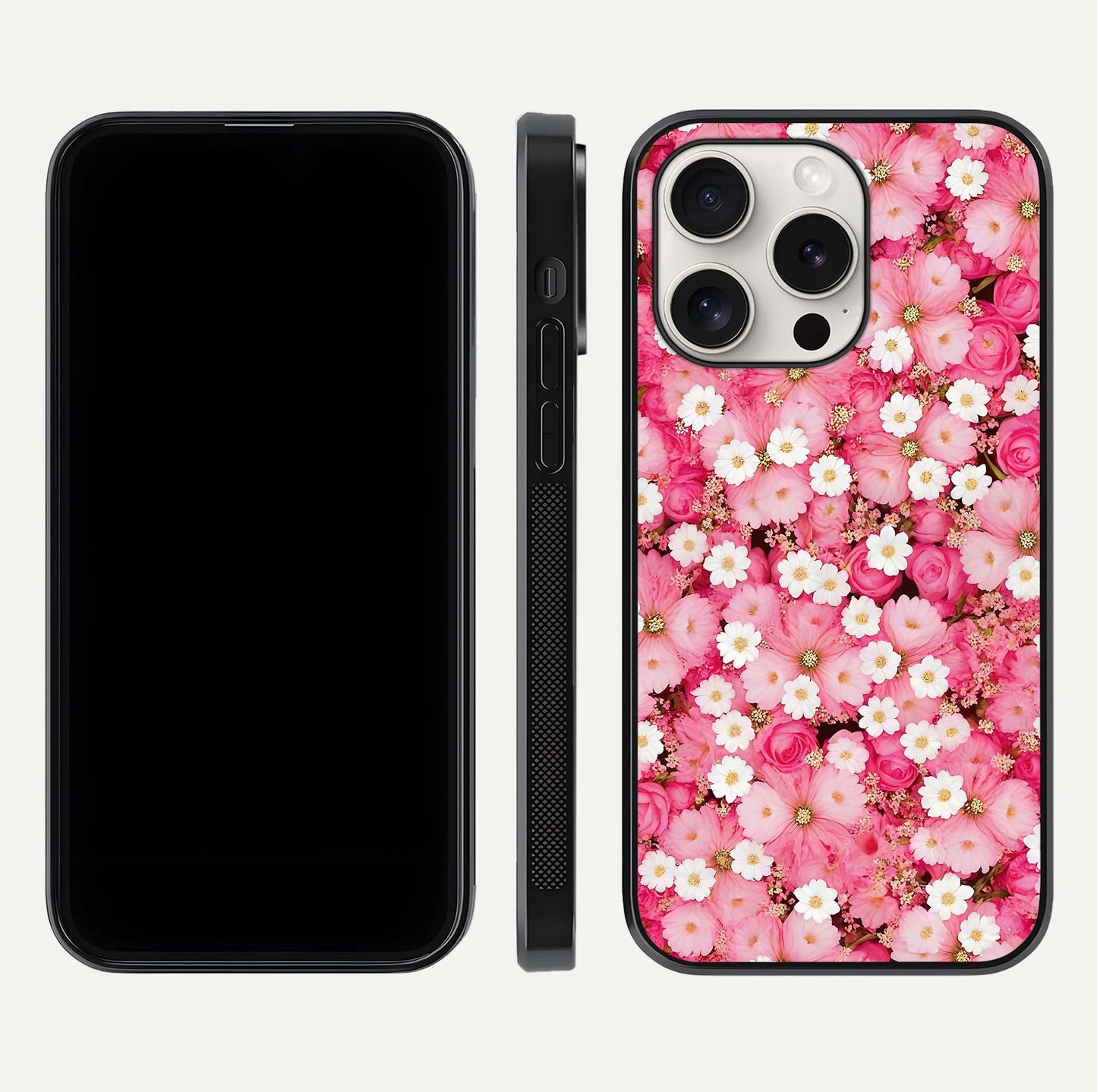 Pink Daisy Bliss Glass Case for iPhone 15 Pro Max front & back layout showing HD floral tones and edge finish