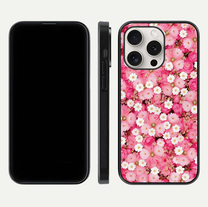 Pink Daisy Bliss Glass Case for iPhone 15 Pro Max front & back layout showing HD floral tones and edge finish