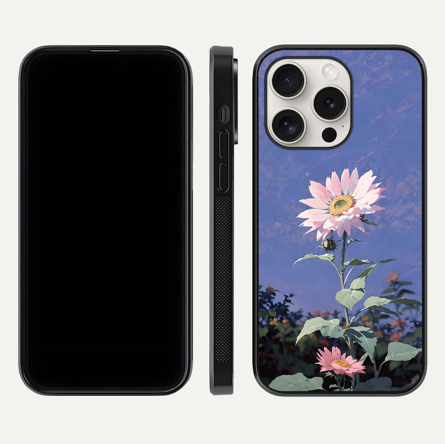 Pink Sunflower Glow Glass Case for iPhone 15 Pro Max front & back layout showing HD tones and bright finish