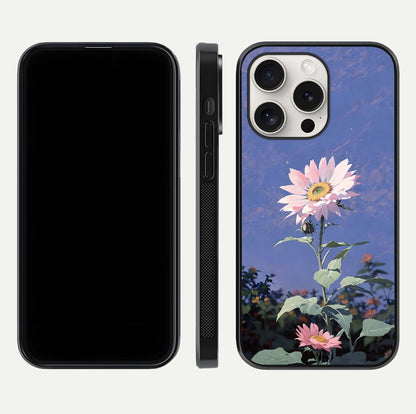 Pink Sunflower Glow Glass Case for iPhone 15 Pro Max front & back layout showing HD tones and bright finish