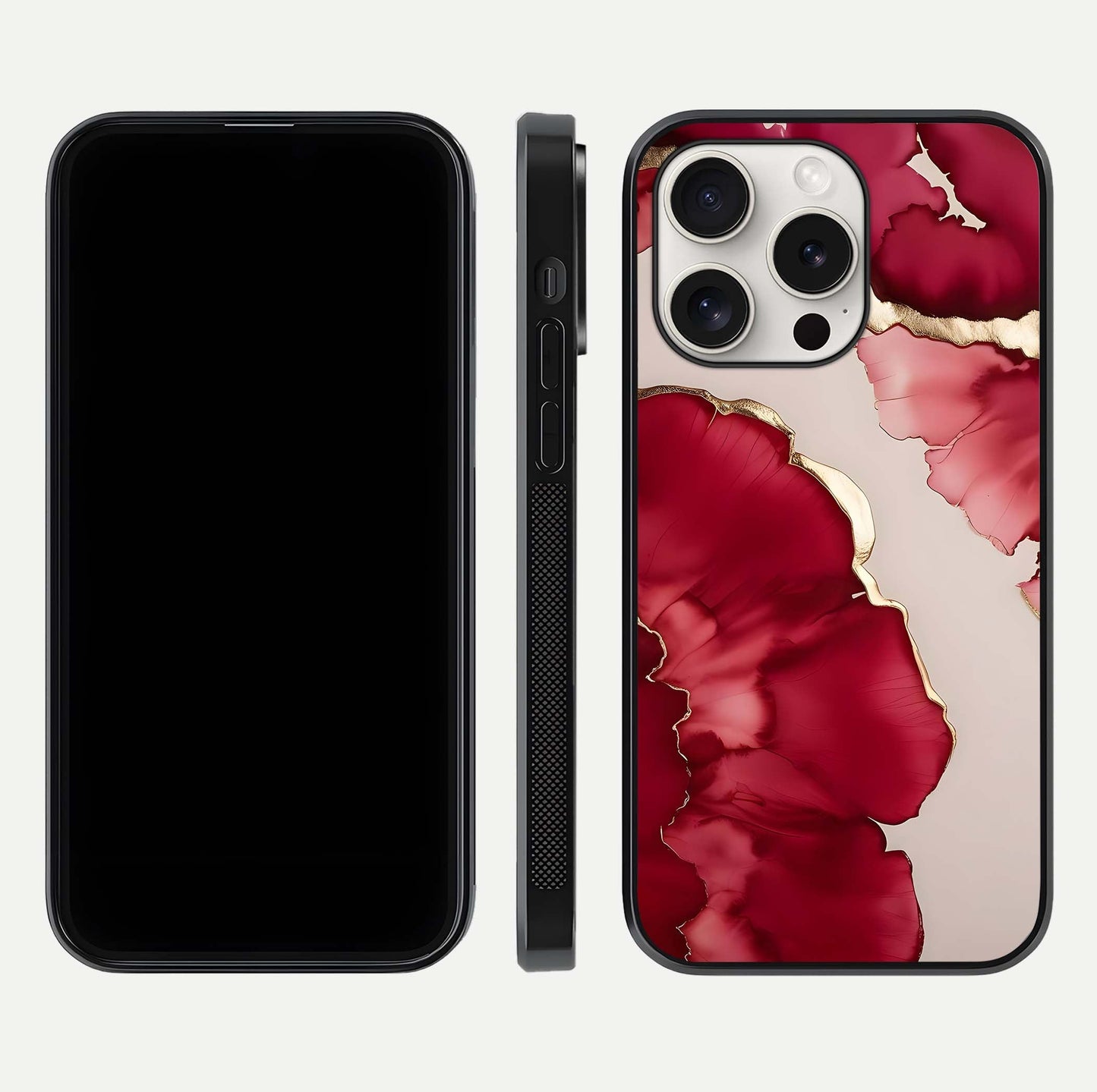 Pink & White Marble Glass Case for iPhone 15 Pro Max front & back layout showing luxury marble pattern and edges