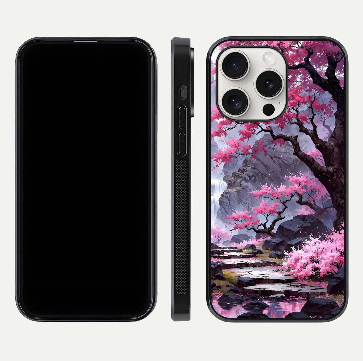Pinkish Scenery Glass Case for iPhone 15 Pro Max front & back layout showing landscape art and curved edge finish