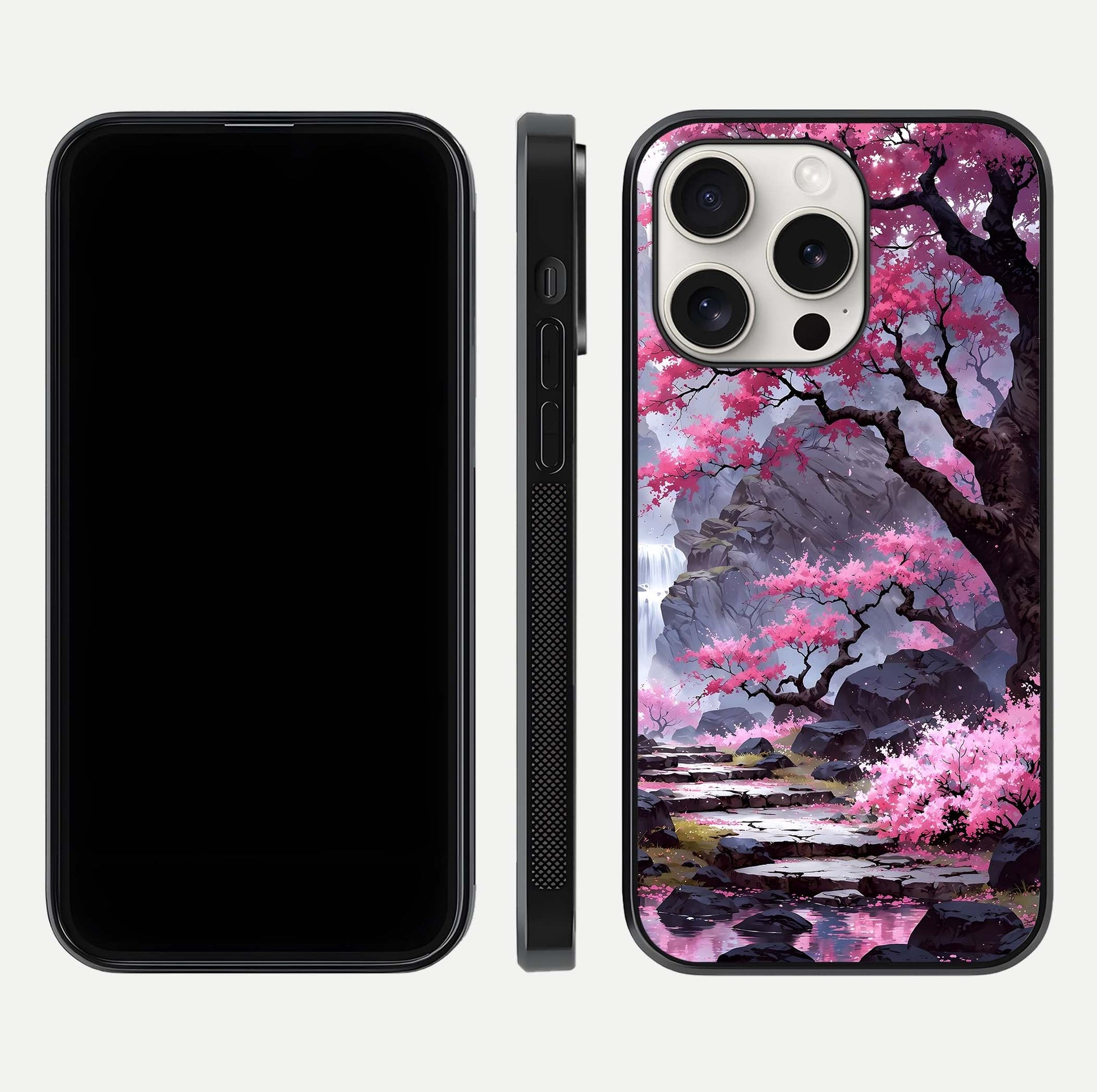 Pinkish Scenery Glass Case for iPhone 15 Pro Max front & back layout showing landscape art and curved edge finish