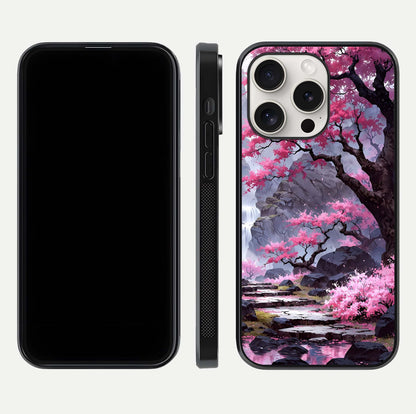Pinkish Scenery Glass Case for iPhone 15 Pro Max front & back layout showing landscape art and curved edge finish