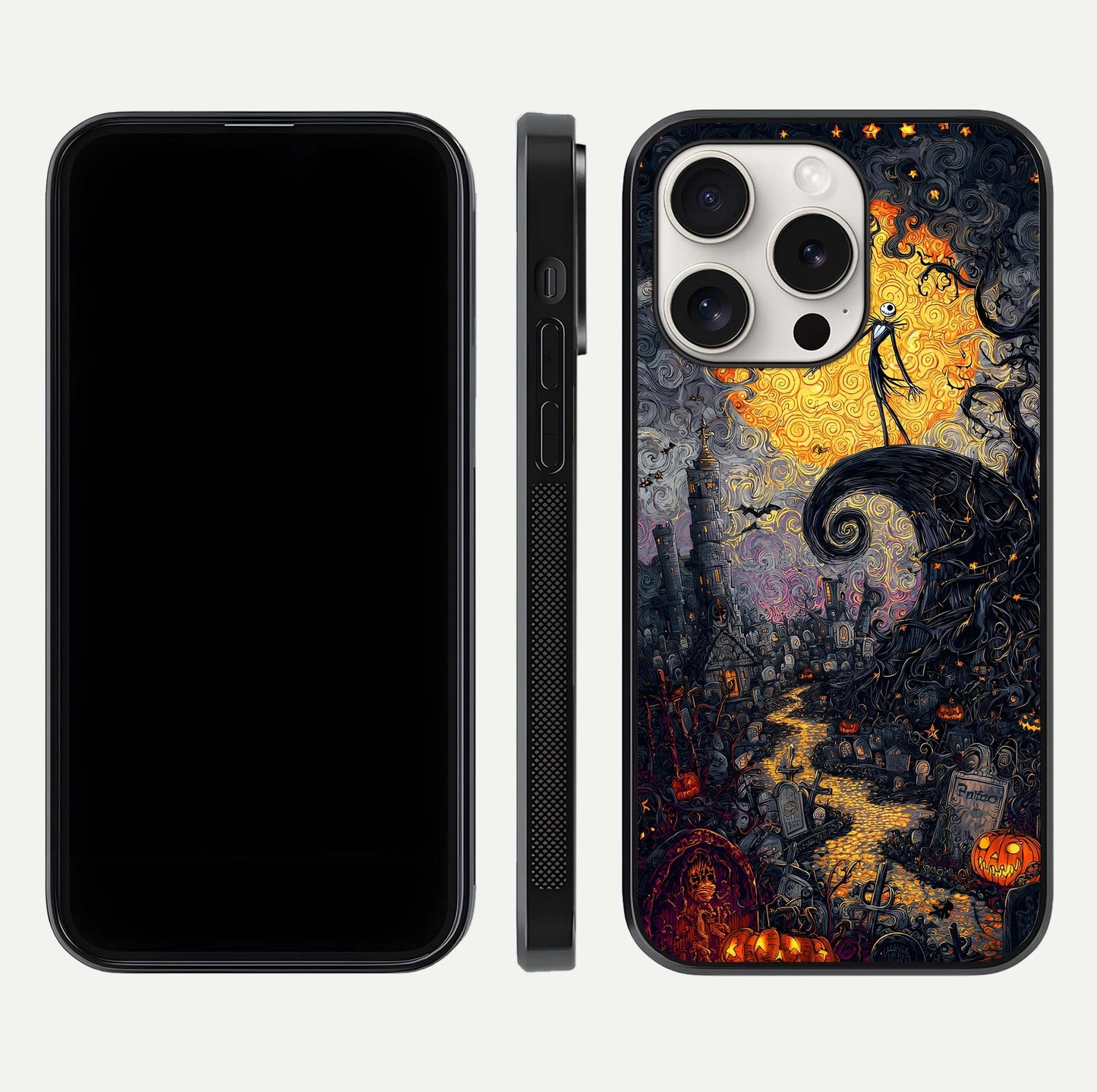 Pumpkin Moon Night Glass Case for iPhone 15 Pro Max front & back layout highlighting festive tones and smooth edges