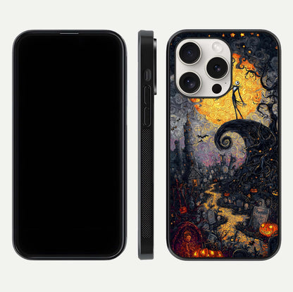 Pumpkin Moon Night Glass Case for iPhone 15 Pro Max front & back layout highlighting festive tones and smooth edges
