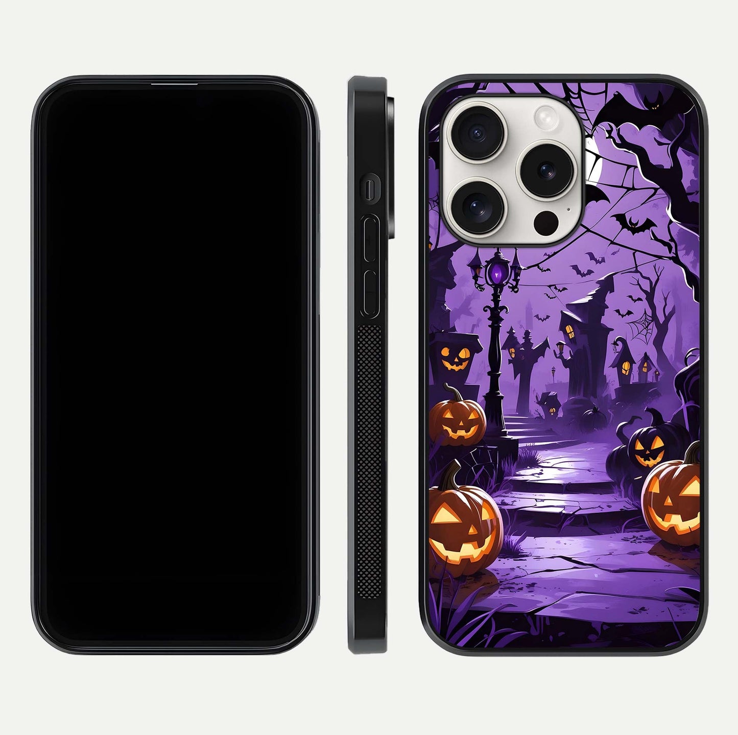 Pumpkin Patch Halloween Glass Case for iPhone 15 Pro Max front & back layout showing festive Halloween print