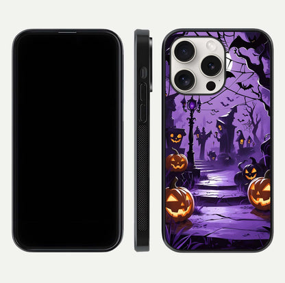Pumpkin Patch Halloween Glass Case for iPhone 15 Pro Max front & back layout showing festive Halloween print