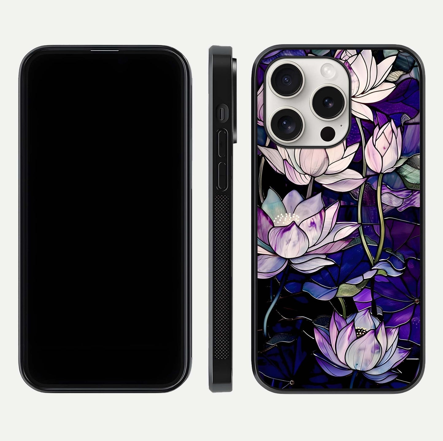 Purple Lotus Pattern Glass Case for iPhone 15 Pro Max front & back layout highlighting floral tones and soft edges