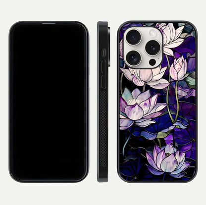 Purple Lotus Pattern Glass Case for iPhone 15 Pro Max front & back layout highlighting floral tones and soft edges