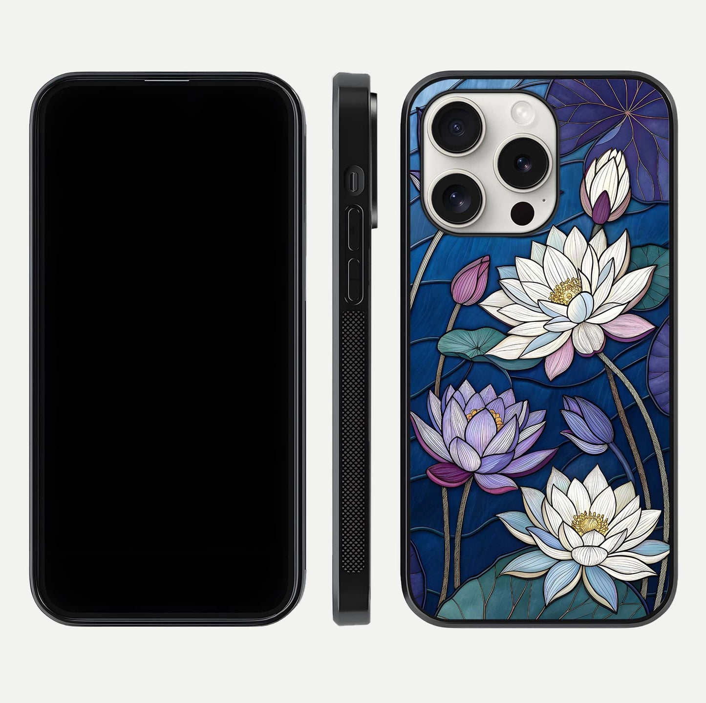 Purple Lotus Stained Glass Case for iPhone 15 Pro Max front & back layout showing bright tones and smooth edge finish