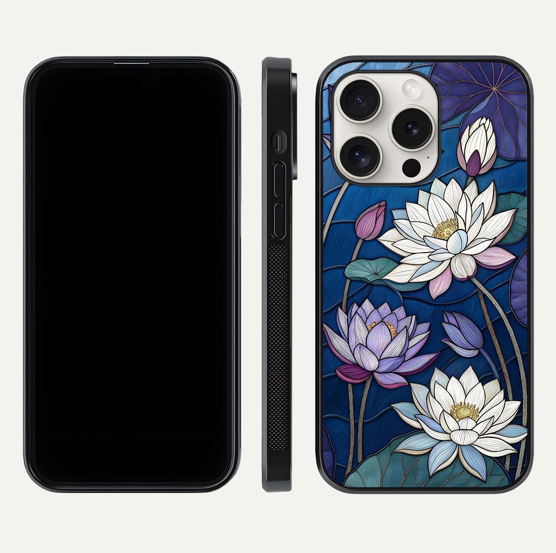 Purple Lotus Stained Glass Case for iPhone 15 Pro Max front & back layout showing bright tones and smooth edge finish